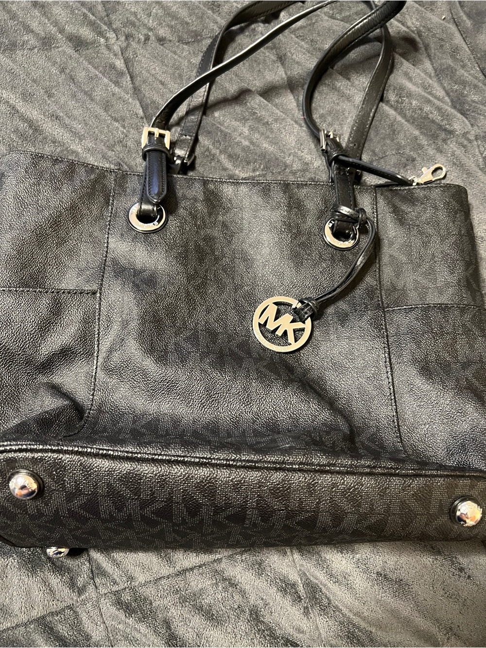 Michael Kors Black Logo-Print Tote with Gold MK Charm